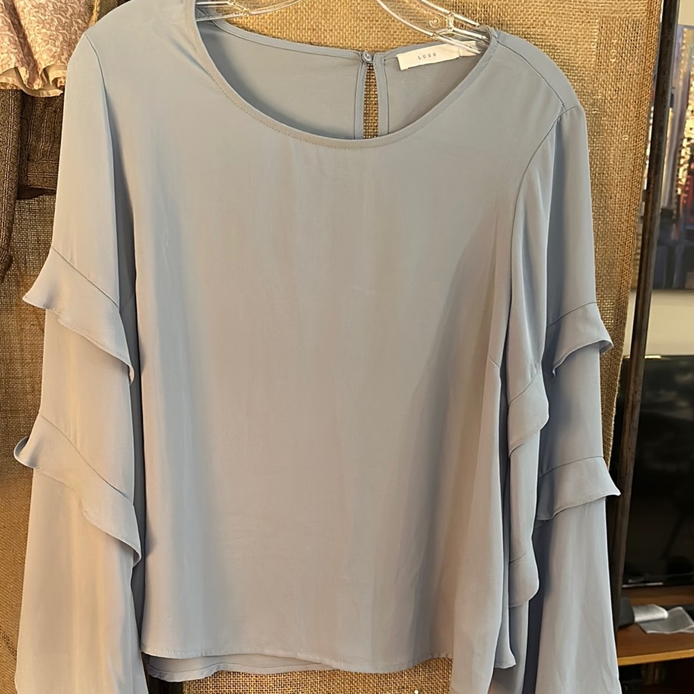 Lush Blue Ruffled Blouse with Flowy Sleeves